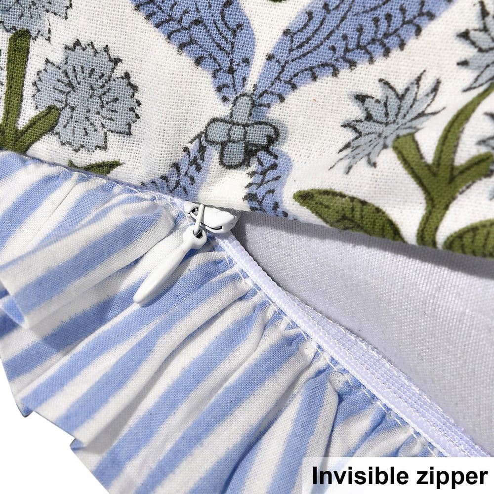 Ridhi Light Steel Blue Block Print Ruffle Pillow Covers 16x16 Inch Set of 2