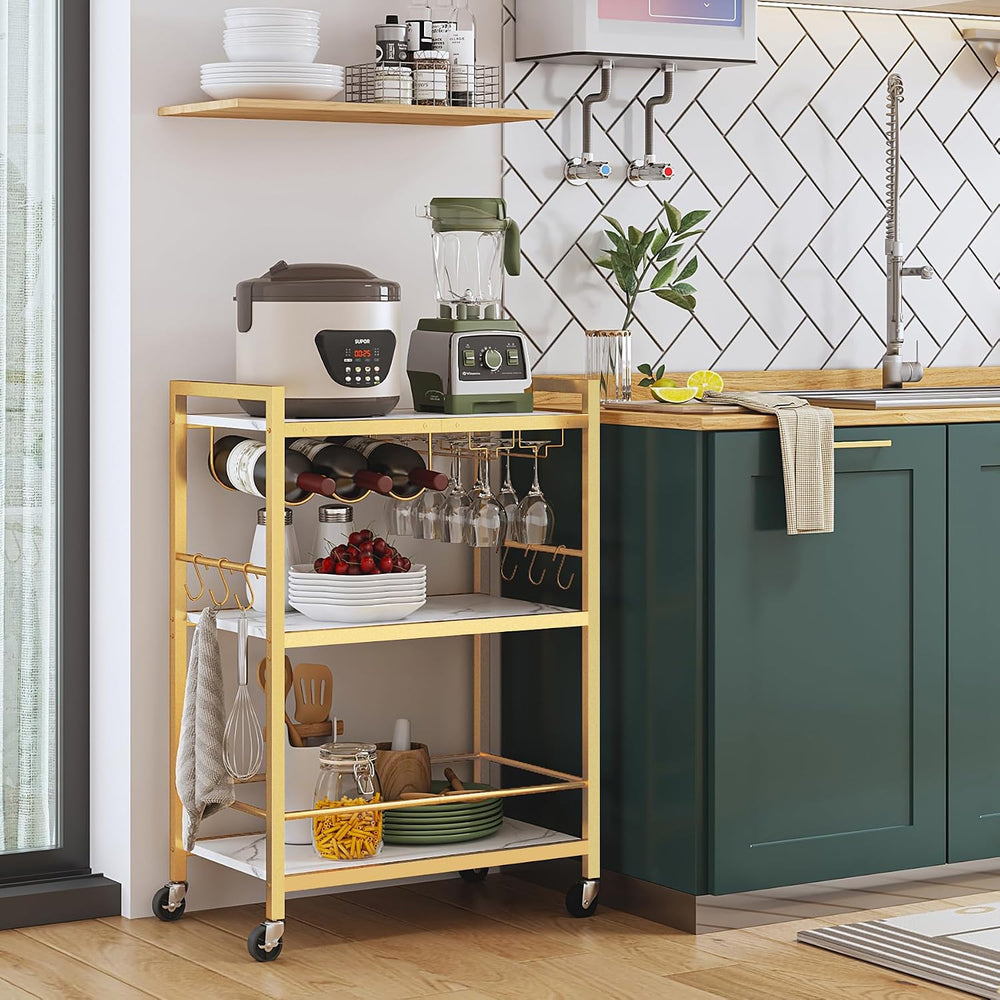TUTOTAK Bar Cart with Wheels, Drink Cart with Wine Rack and Glass Holder