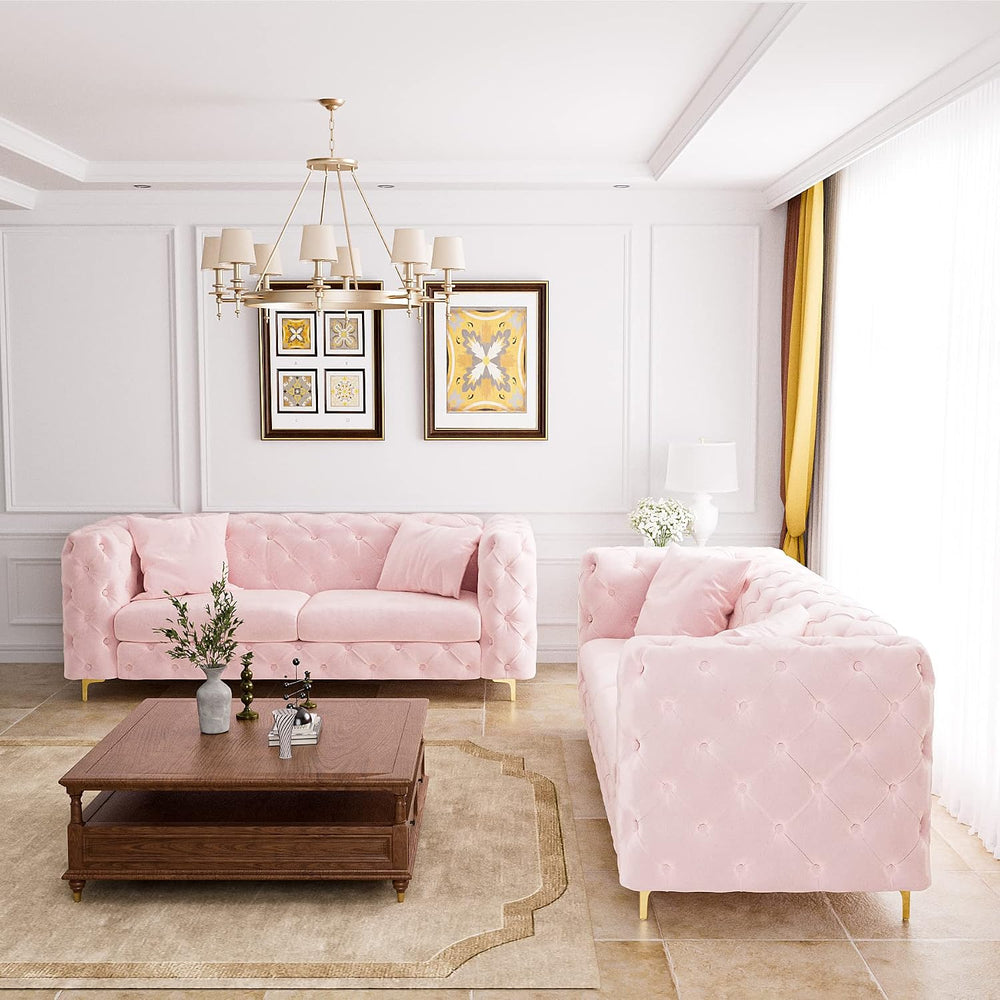 2-Piece 75" Mid Century Velvet Sofa Set, Tufted Back, Gold Metal Legs