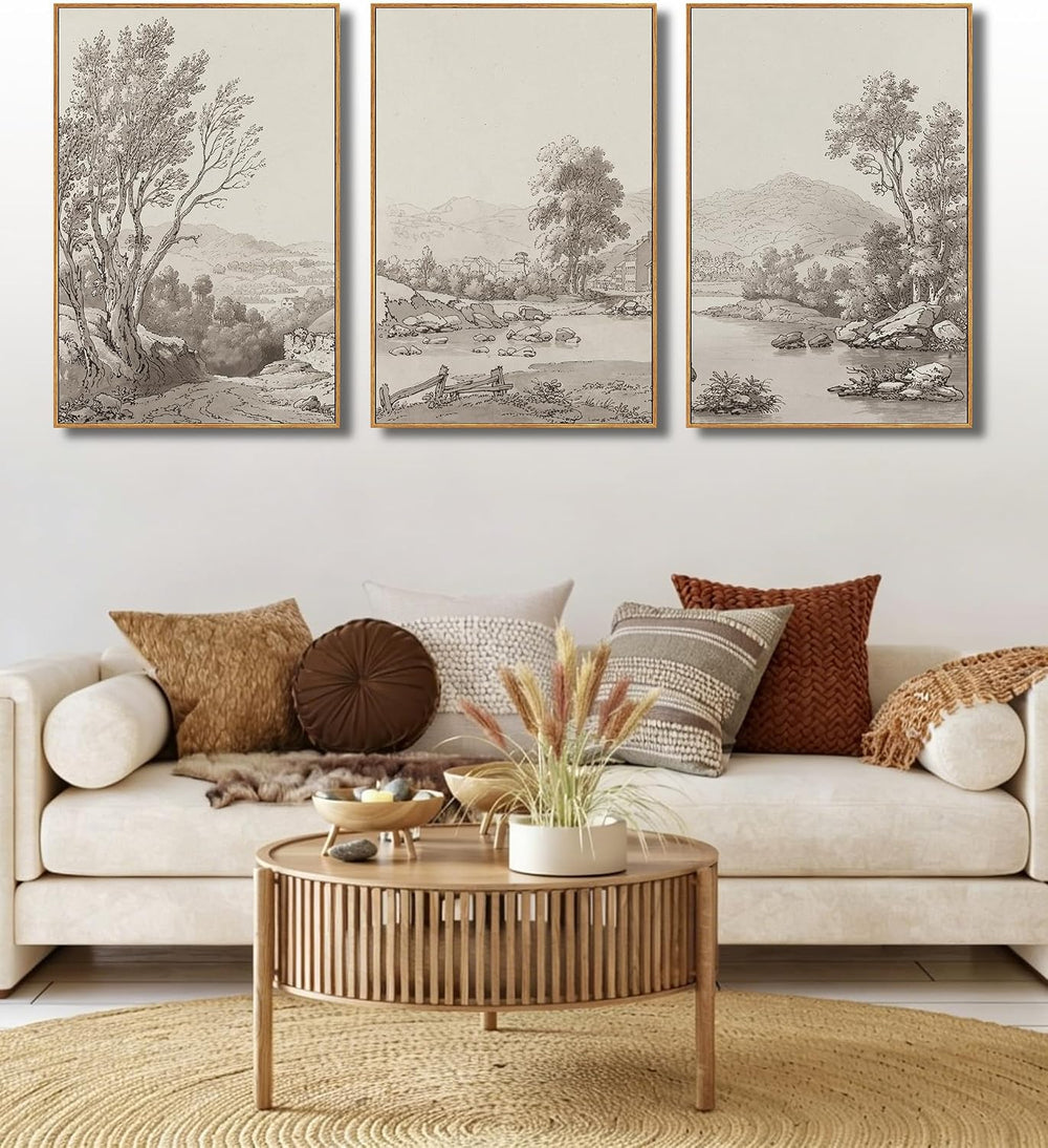 UPWOIGH Sepia Landscape Wood Framed Wall Art Set of 3, 16 x 24 Inch
