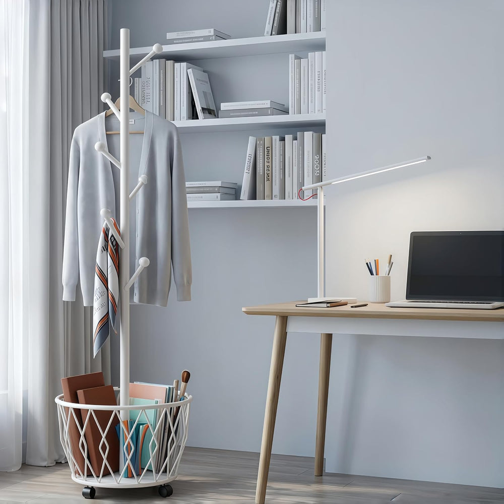 Off-White Moveable Tree Metal Coat Rack with Basket Freestanding 65"