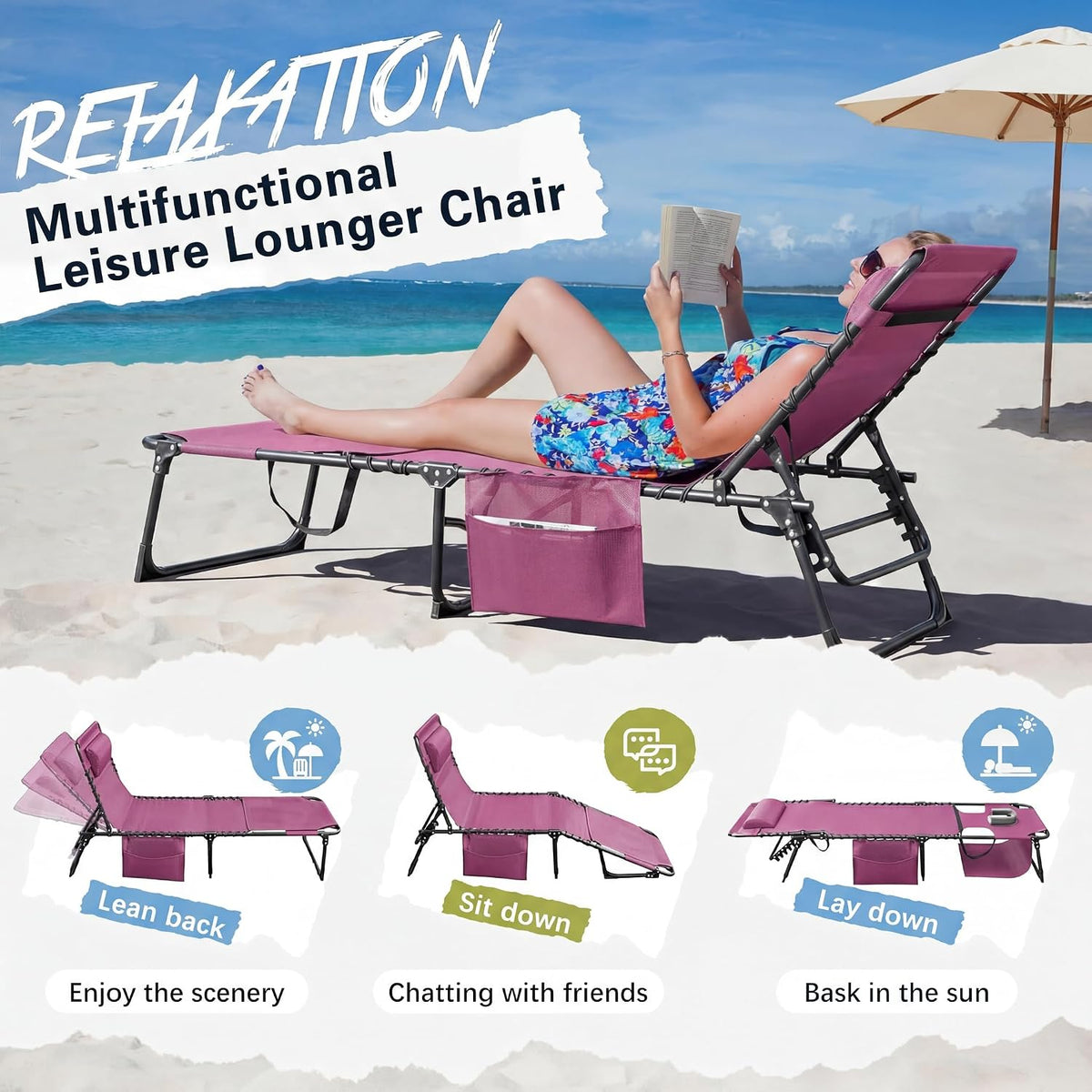 Devoko Beach Lounge Chair, Outdoor Sun Tanning Chair with Face Hole, Heavy Duty Folding Portable Lay Chaise Lounge Chairs for Outside Beach Pool Camping Patio, Pink