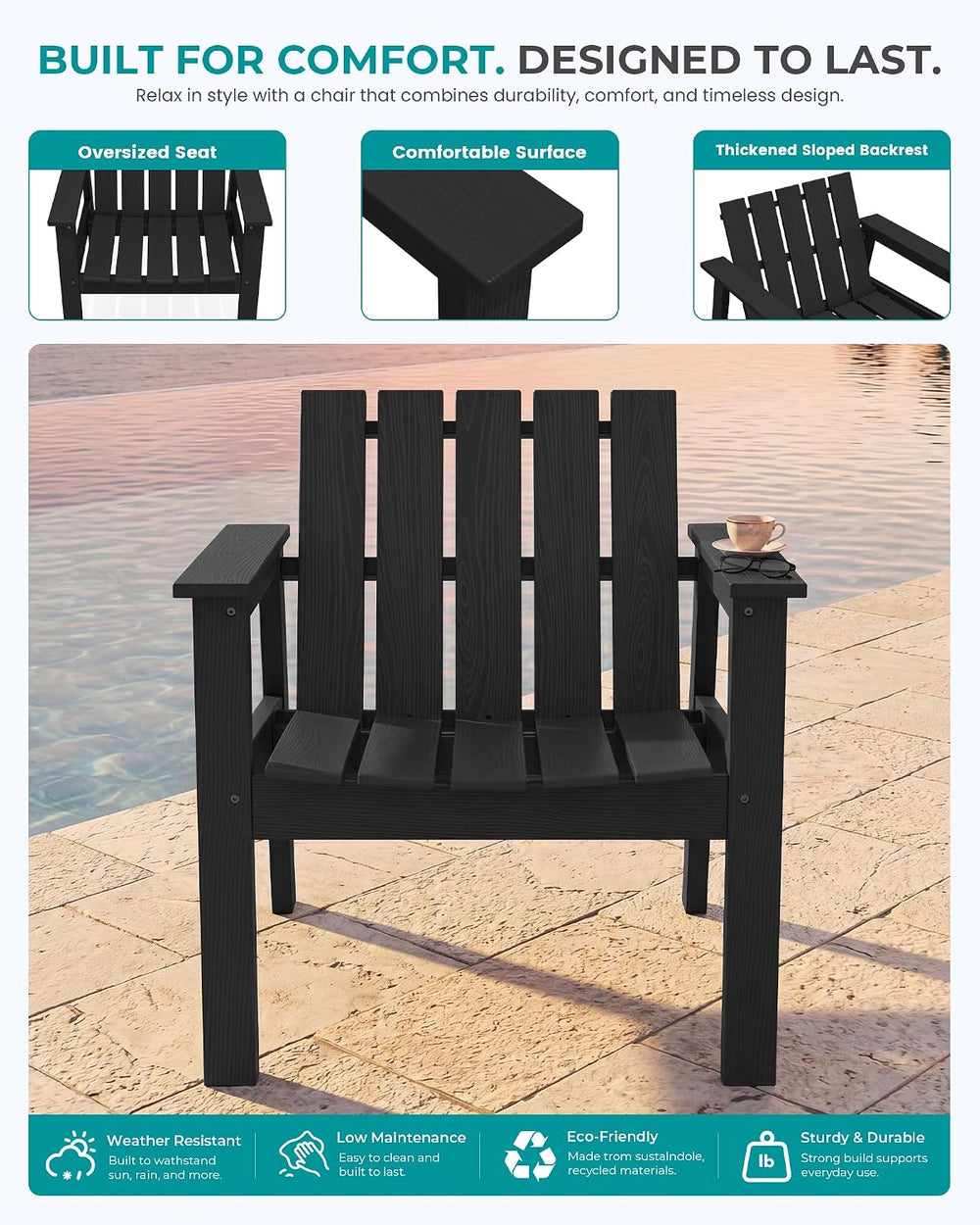 SERWALL Low Back Bistro Set-utdoor Adirondack Chairs and Side Table-Black