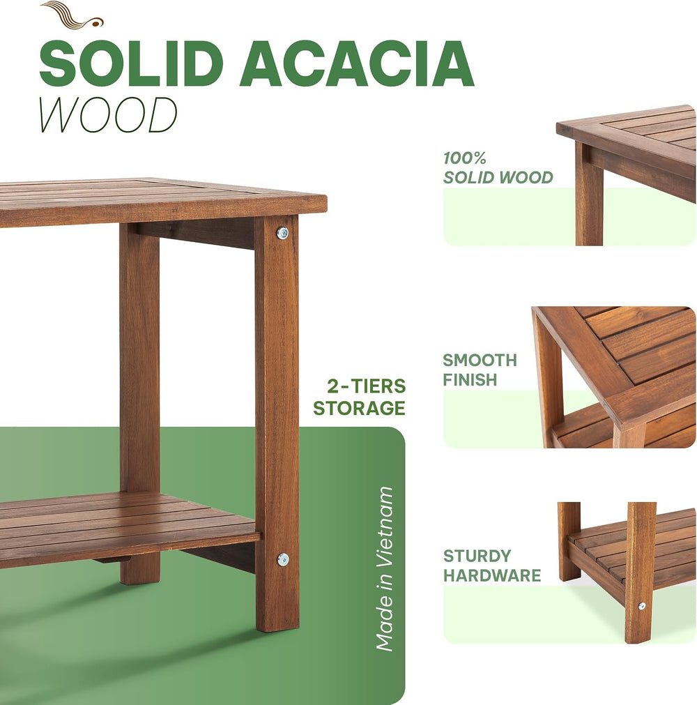 Acacia Wood Adirondack Side Table, 2-Tier Outdoor End Table - Walnut