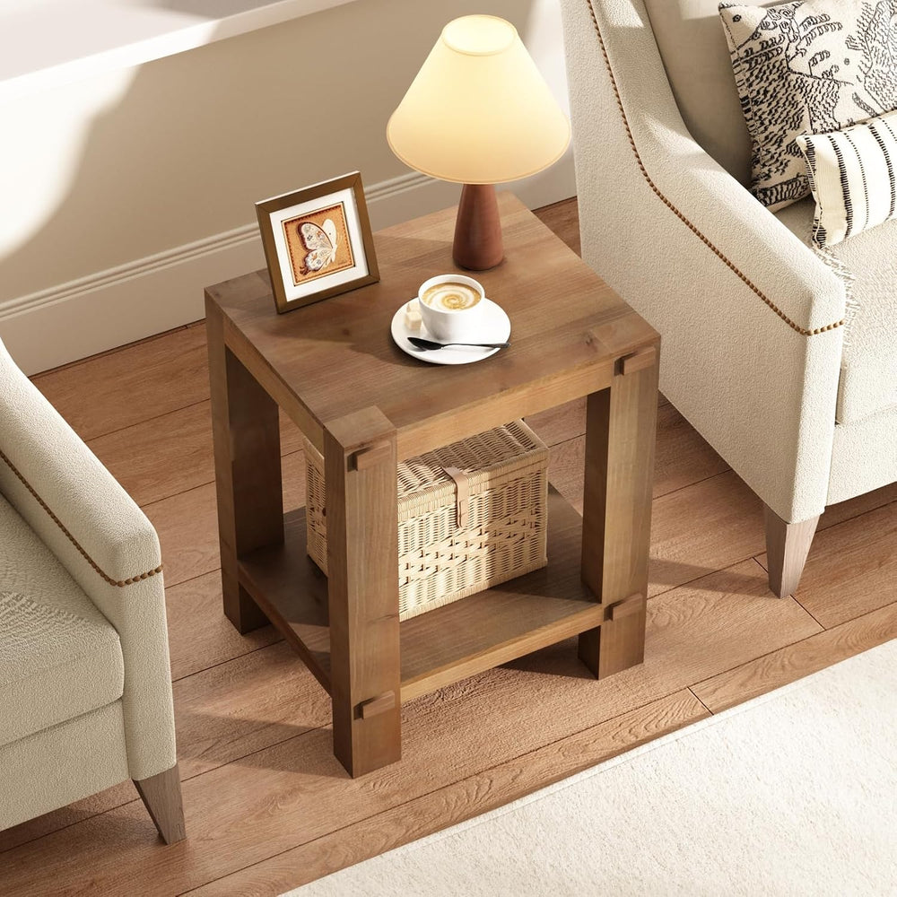 Set of 2 Wood End Tables with 2-Tier Storage Shelf