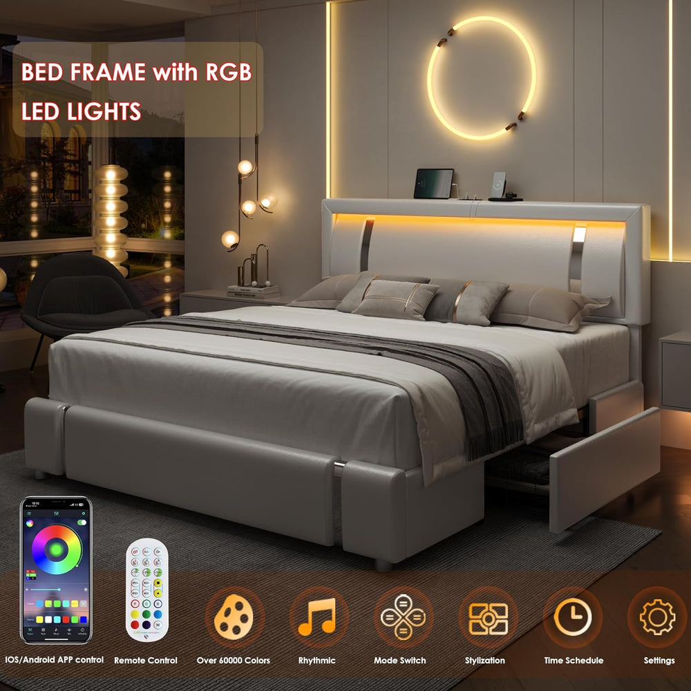 Keyluv Queen Bed Frame with RGB LED Lights Headboard & 2 Storage Drawers,...