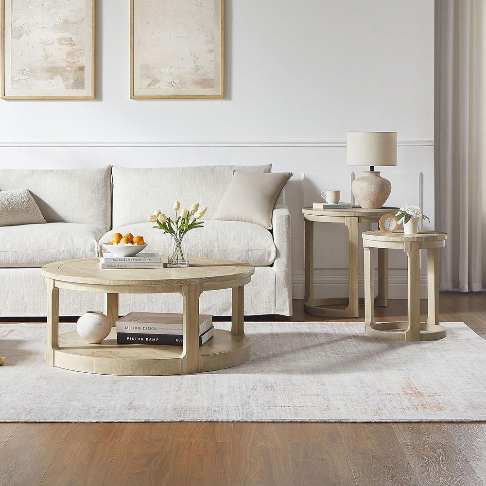WILLIAMSPACE Round Nesting Coffee Table Set of 3, Mid Century Rustic Farmhous...
