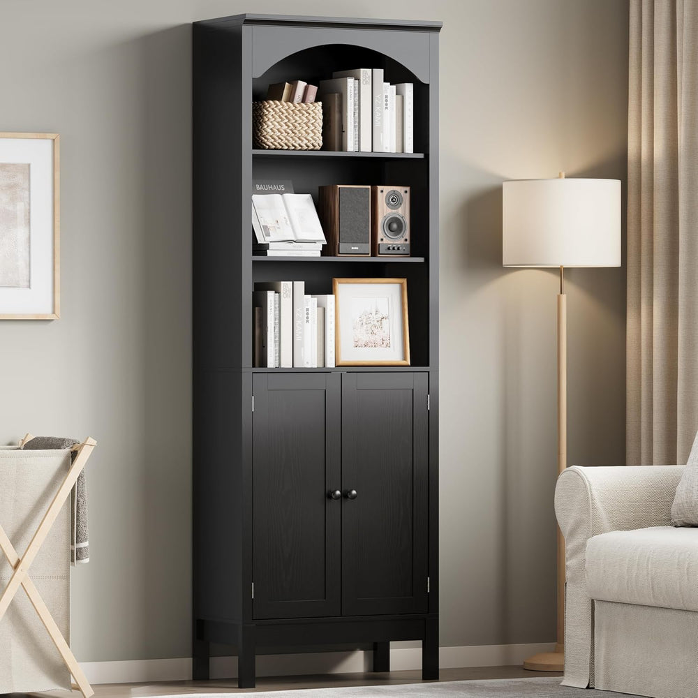 Arched Bookshelf,3 Tier Tall Bookcase with Adjustable Shelves and Cabinet