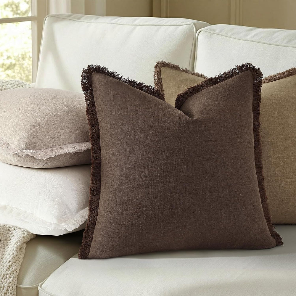 decorUhome Linen Fringe Black Throw Pillow Covers 24x24 Set of 2