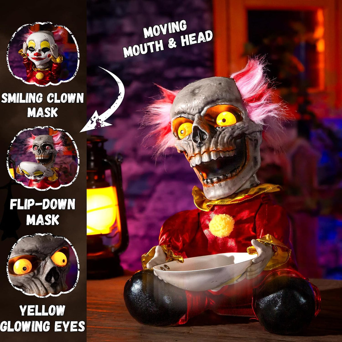 Halloween Animatronic Face Ripping Clown Decorations, Sound Activated Demonic Clown Figure with Flip-Up Skull, Creepy Voice Circus Prop for Indoor Outdoor Haunted House Yard Party Table Decor