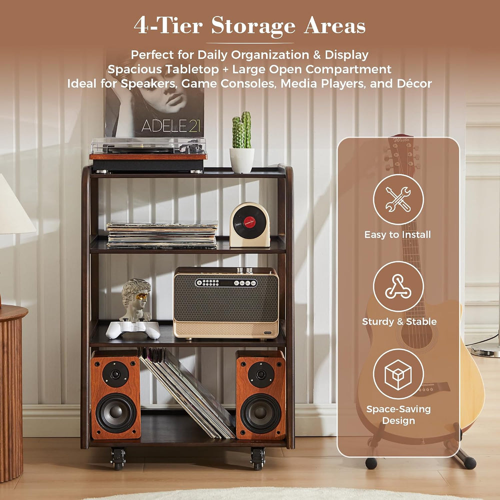 Solid Wood AV Media Stand, 4-Tier Audio Rack with Lockable Casters