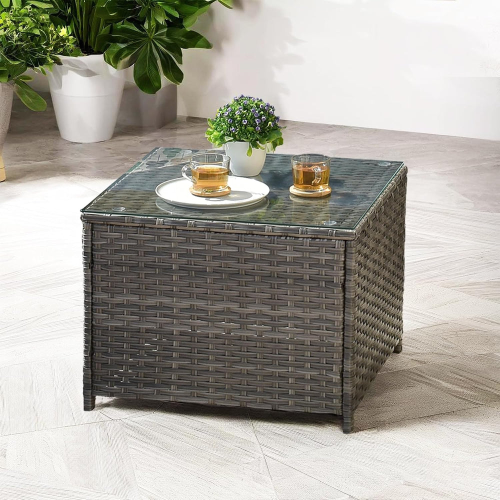 ovios Outdoor Side Table with Tempered Glass Top, Patio Wicker Coffee Table, ...