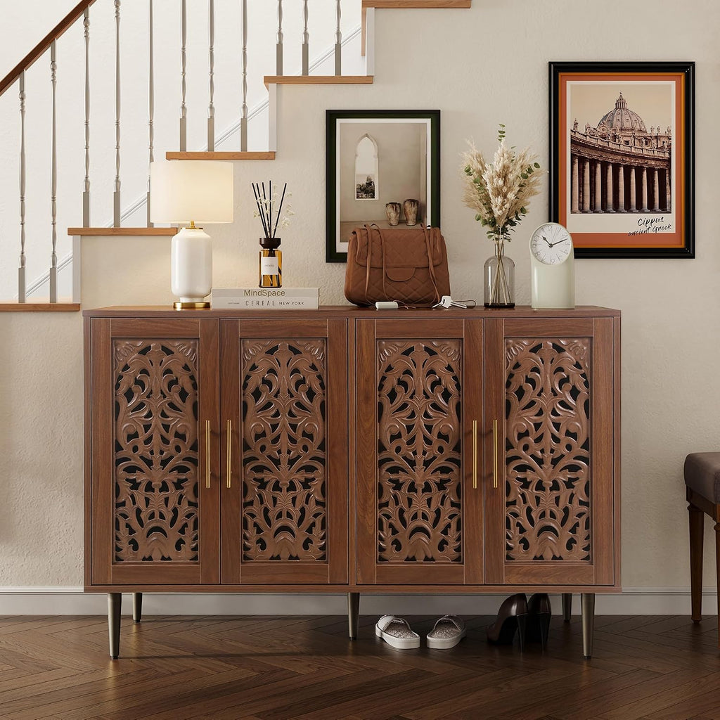 ARTPOWER 47.8" Vintage Accent Cabinet with 4 Hollow Carving Doors, Walnut