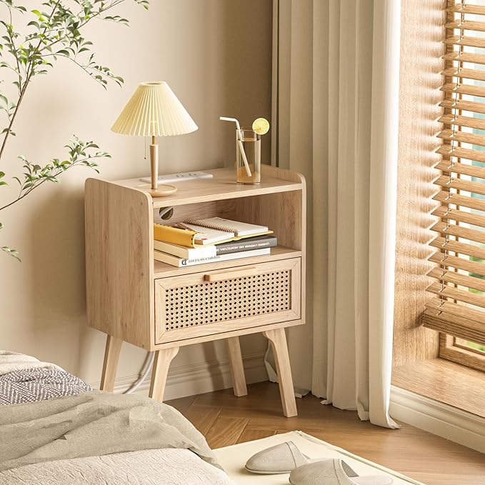 Lerliuo Rattan Nightstands Set of 2 with Charging Station, Boho Night Stand with Handmade Natural Rattan Drawer and Open Shelf, Side End Tables with Solid Wood Legs for Bedroom, Dorm, Small Spaces