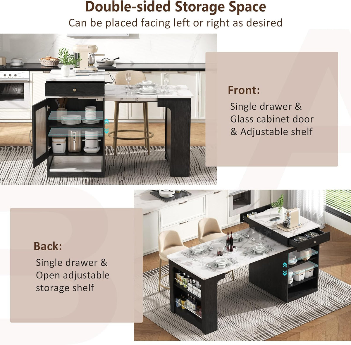 Virubi 59.5" Kitchen Island with Extendable Dining Table, Kitchen Storage Table with Double-Sided Storage & 2 Drawers, Power Outlet, Side Open Shelves, for Dining Room (Black3)