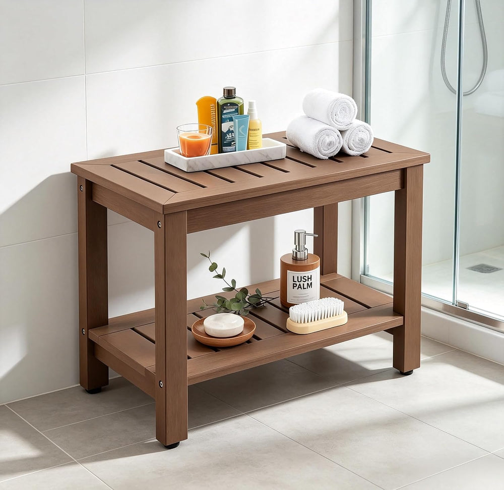 Psilvam 28" Poly Lumber Outdoor Patio Coffee Table with Storage Shelf,Brown