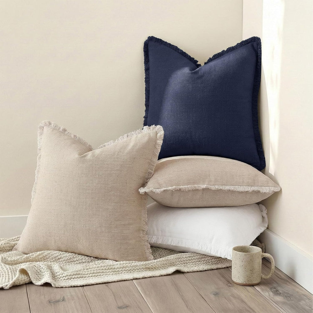 decorUhome Linen Fringe Navy Blue Throw Pillow Covers 20x20 Set of 2
