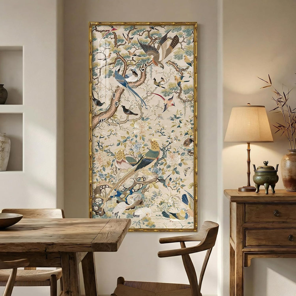Vintage Gold Framed Chinoiserie Vertical Wall Art for Living Room, 20x40 In