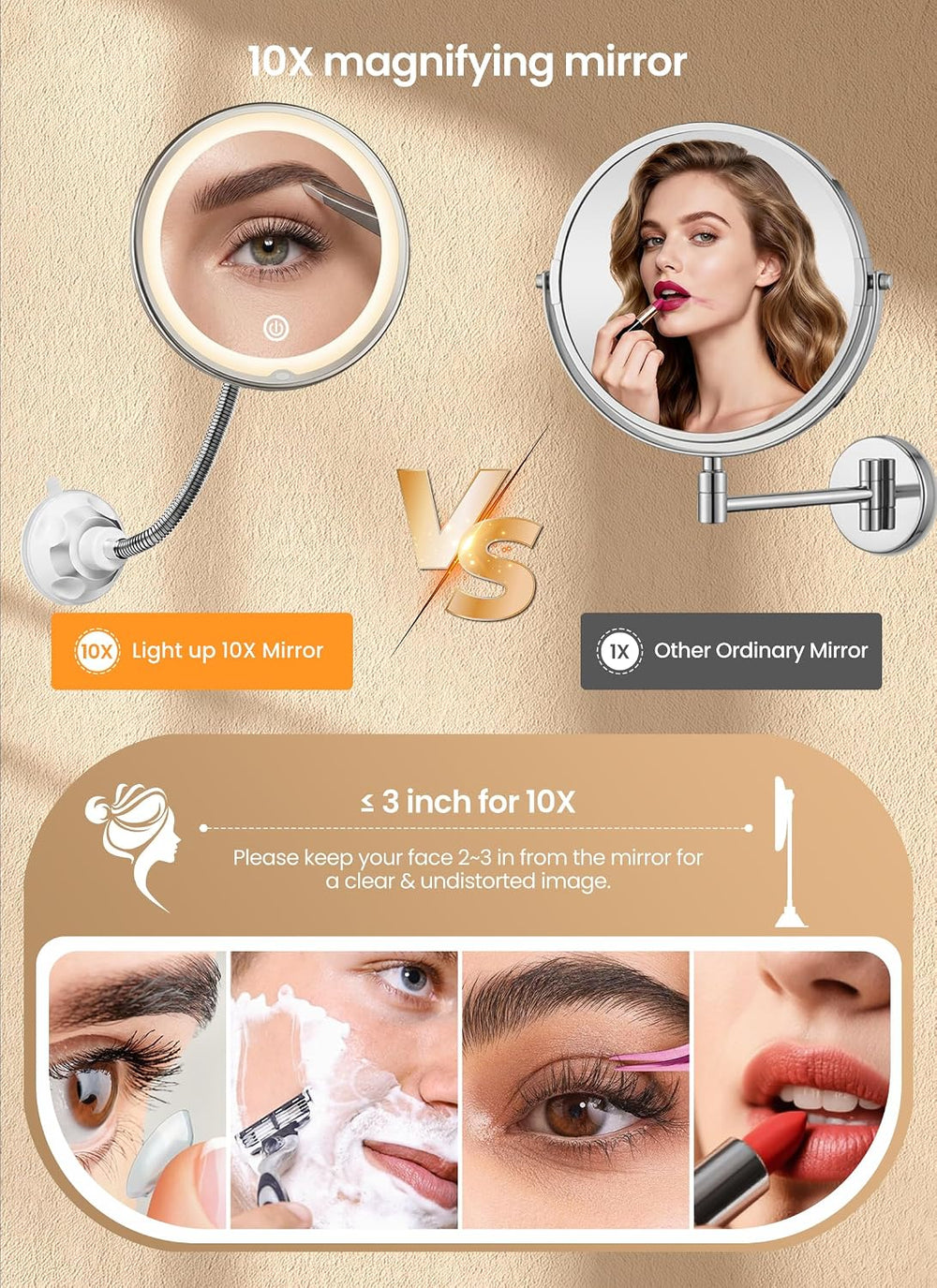 10x Makeup Mirror with Lights, Magnifying Mirror 3 Light Modes Silver