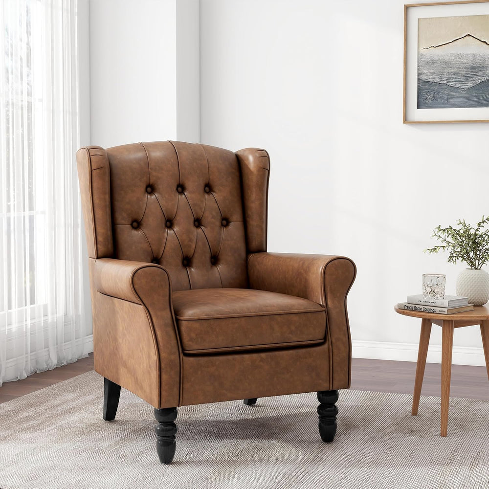 Faux Leather Wingback Accent Chair, Tufted High Back Armchair, Brown