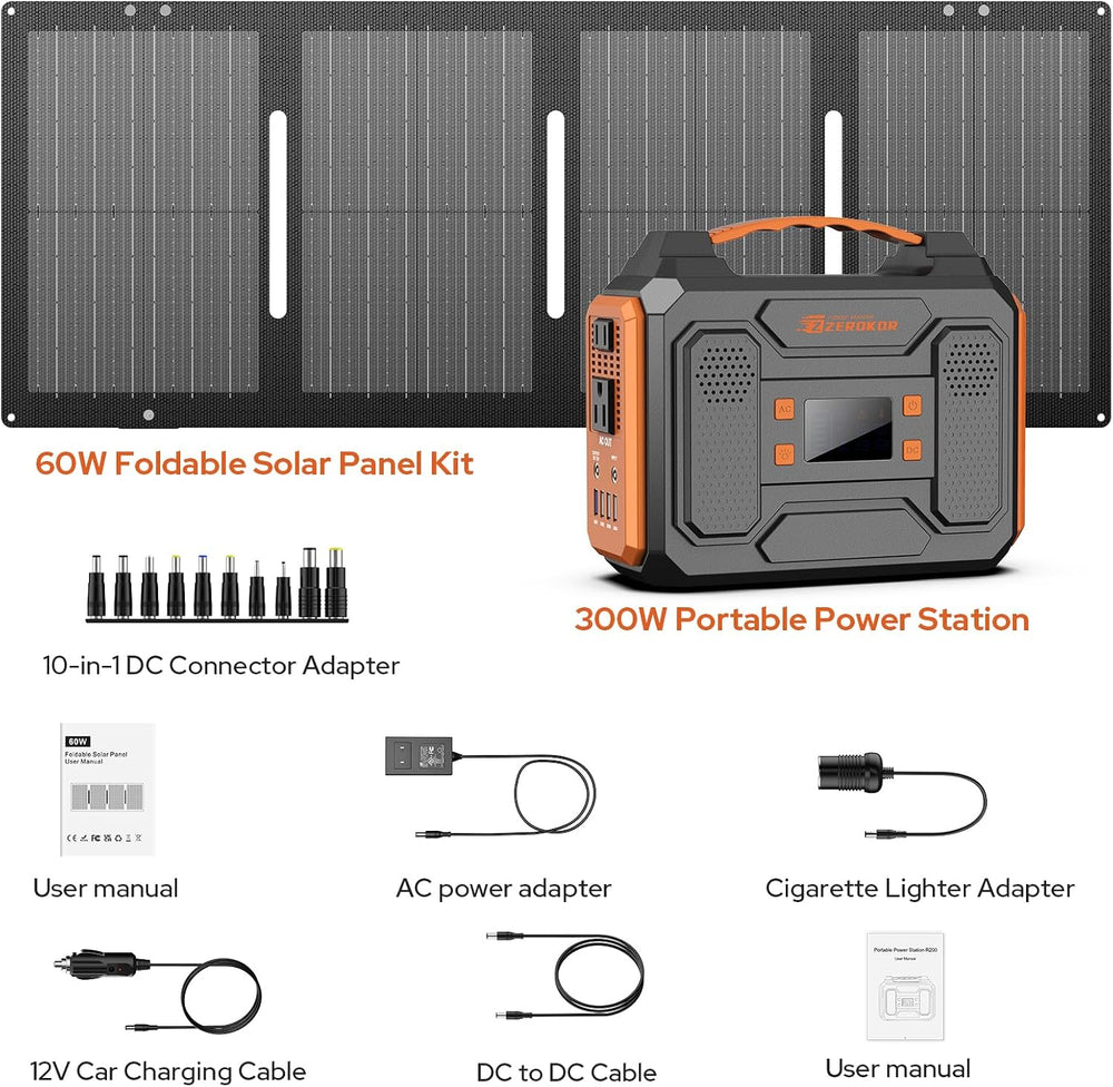 Portable Solar Generator 300W Portable Power Station with 60W Solar Panel