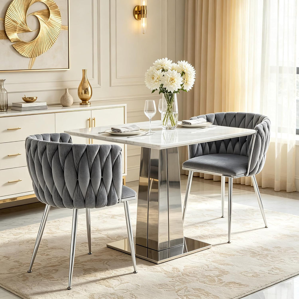 Velvet Dining Chairs Set of 6, Woven Back,Gray