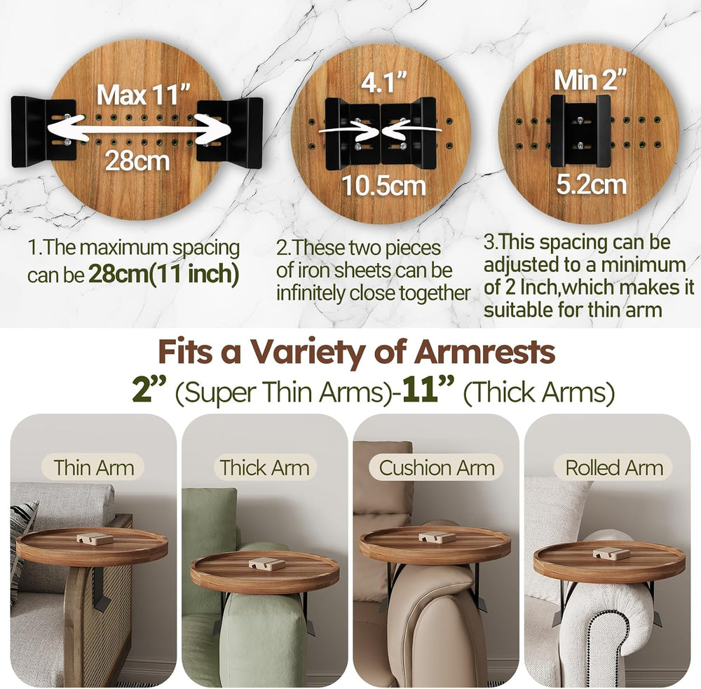 Acacia Wood Couch Arm Tray Table,Anti-Slip Adjustable Round Sofa Arm Tray,Woo...