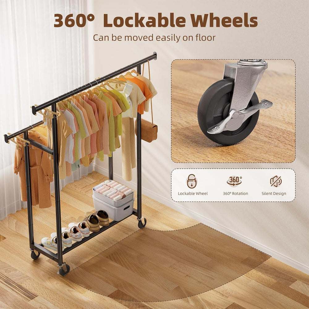 Simple Trending Clothes Rack, Double Rods Clothing Rack with Shelf, Black