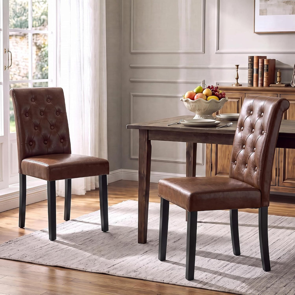 LSSPAID Dining Chairs Set of 2, Modern Armless Parsons Side Chairs, Upholstered Button-Tufted PU Leather Dining Kitchen Chairs with Solid Wood Legs, Brown