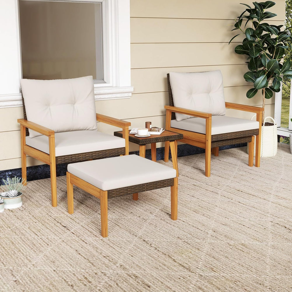 Tangkula 5 Piece Rattan Furniture Set, Wood Frame Chairs & Ottomans w/Squ...