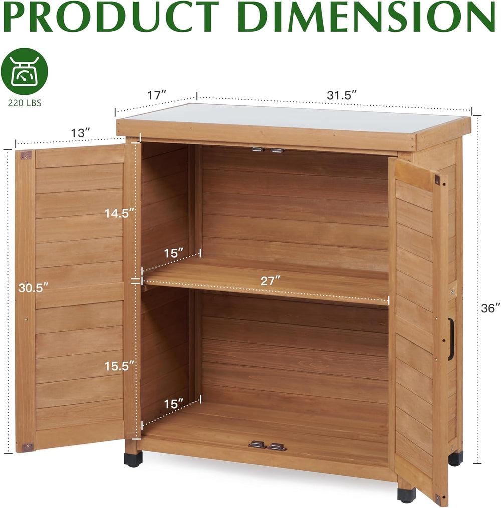 Outdoor Storage Cabinet & Potting Bench Table with Metal Top, Wooden Pati...