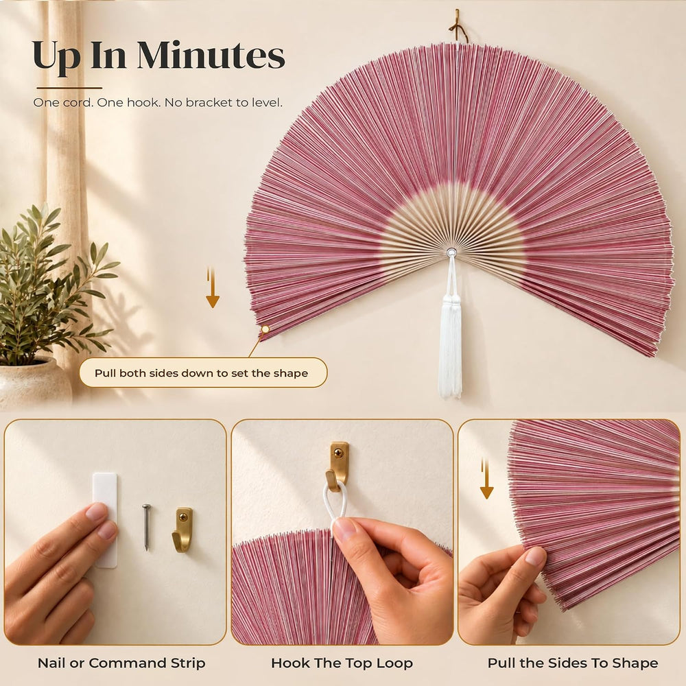 ChumDecor Bamboo Fan Wall Decor, Japanese Wall Fan, Red Pink 40 in