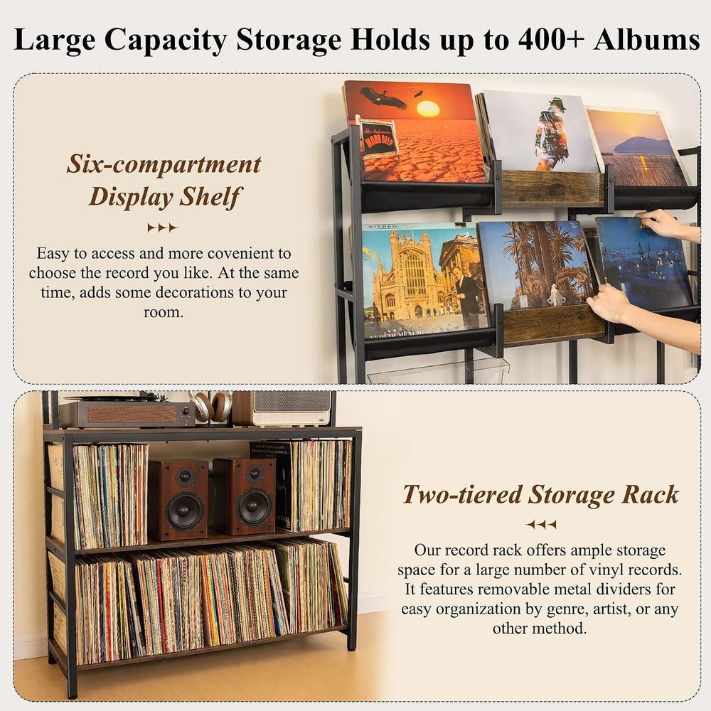 Aquzee Large Record Player Stand, Vinyl Record Stand with Charging Station