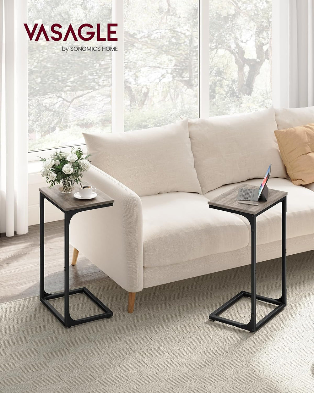 VASAGLE C-Shaped End Table, Set of 2, Couch Side Table with Metal Frame