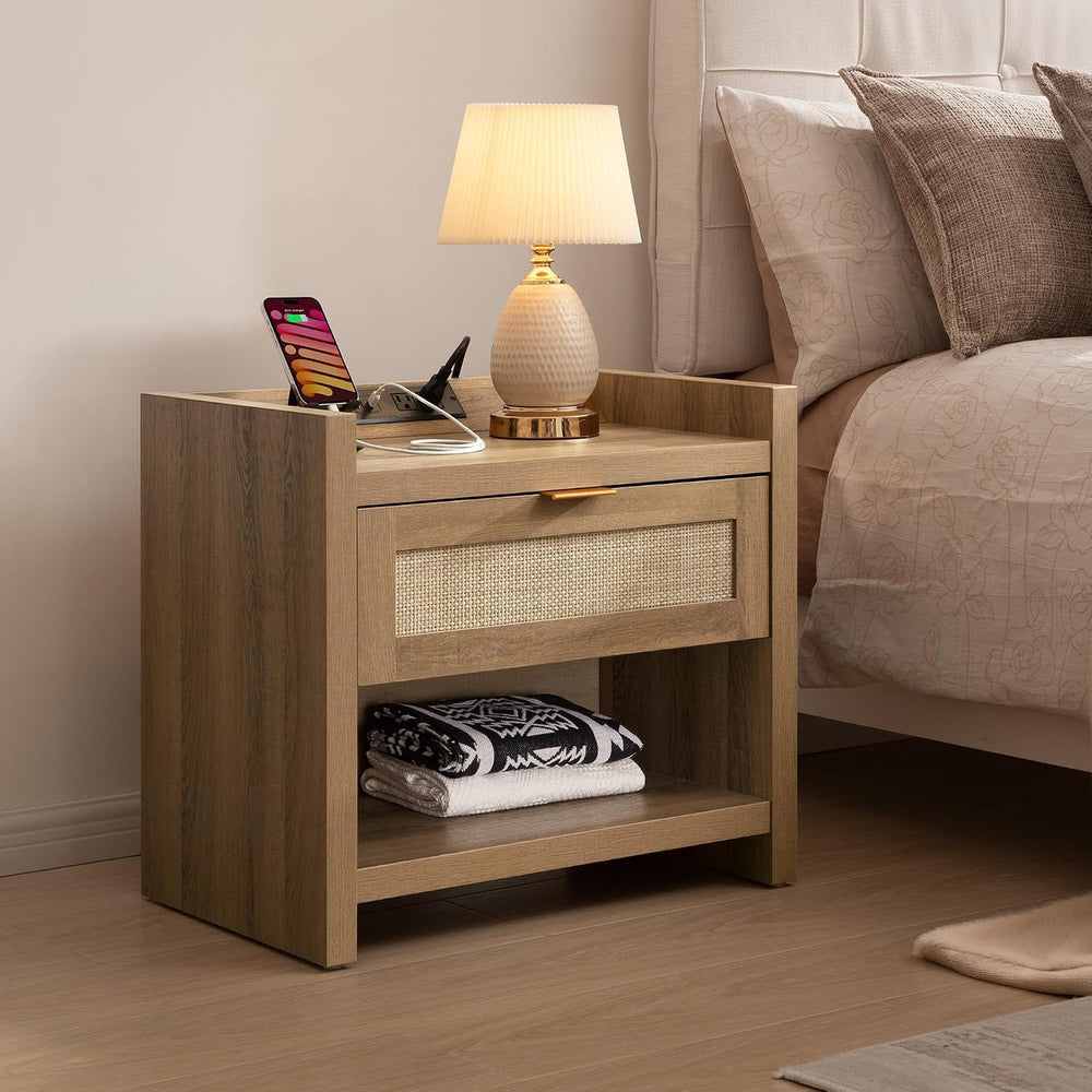 SICOTAS Rattan Night Stand Set of 2, Bedside Table with Large Drawer