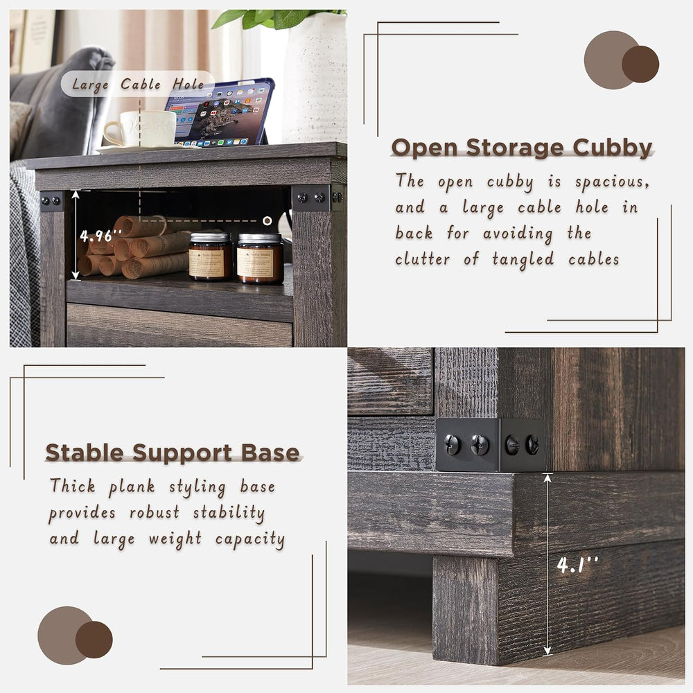 18" Farmhouse Nightstand Set of 2 with Charging Station, Dark Rustic Oak