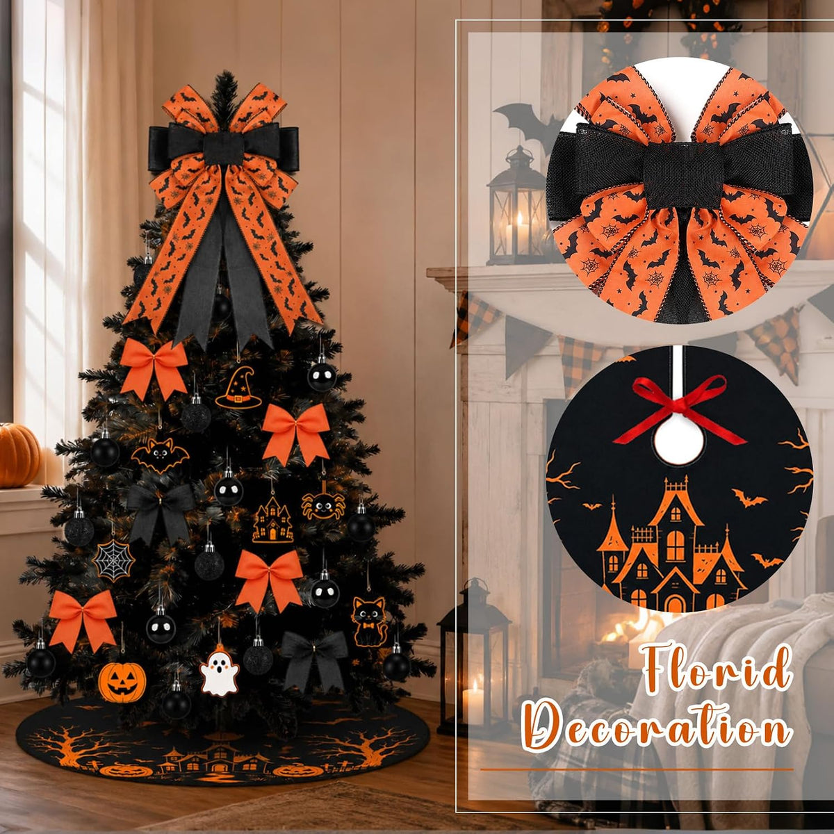 39 Pcs Halloween Tree Decorations with Ornaments Tags Bows and Tree Skirt