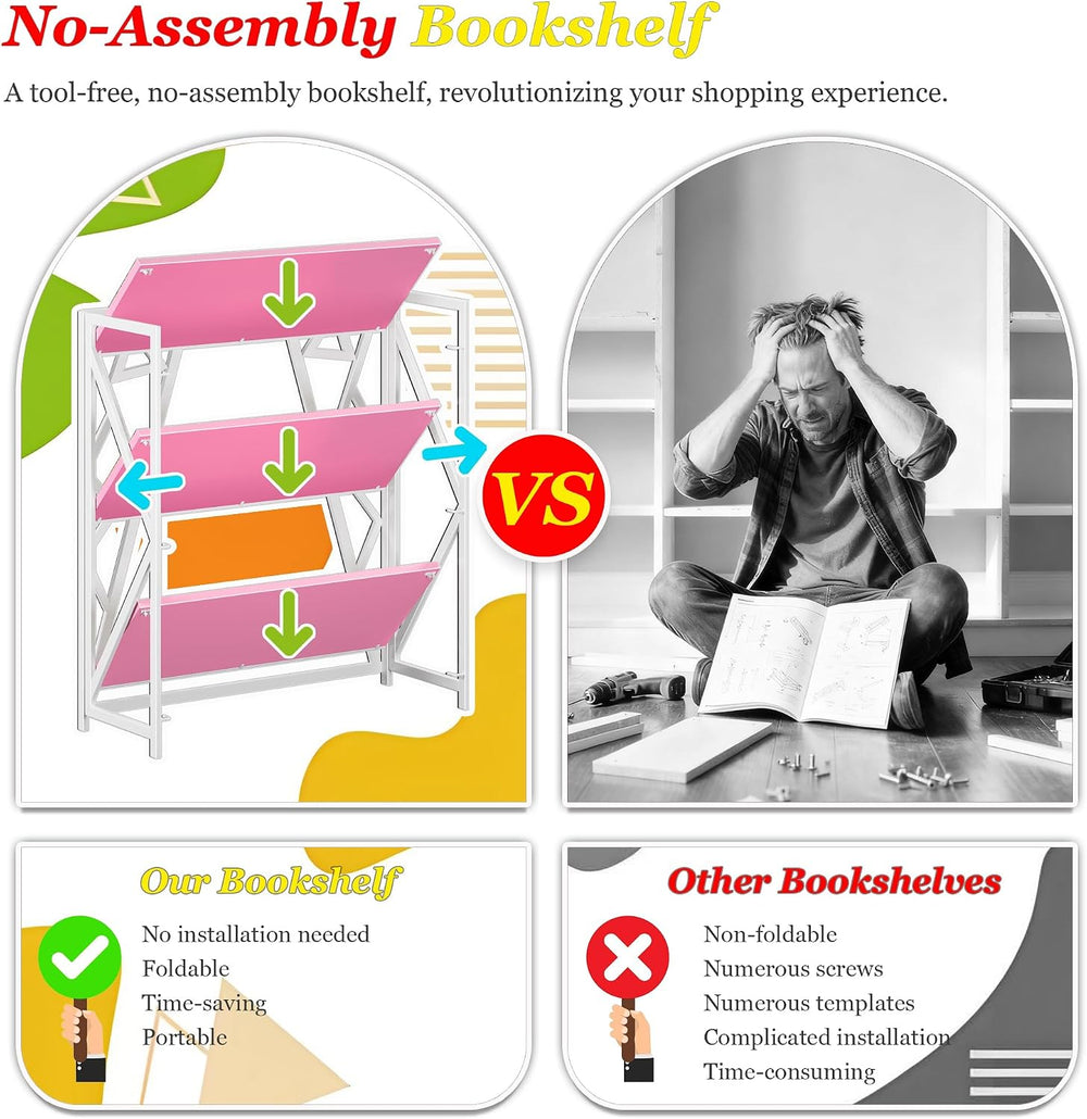 UDD No Assembly Wide Folding Bookshelf, 34" H x 30.9" W, 3 Tier Fol...