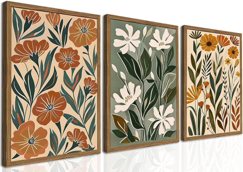 Framed Boho Floral 3 Piece Wall Art,Mid Century Modern Abstract Flower Pictur...