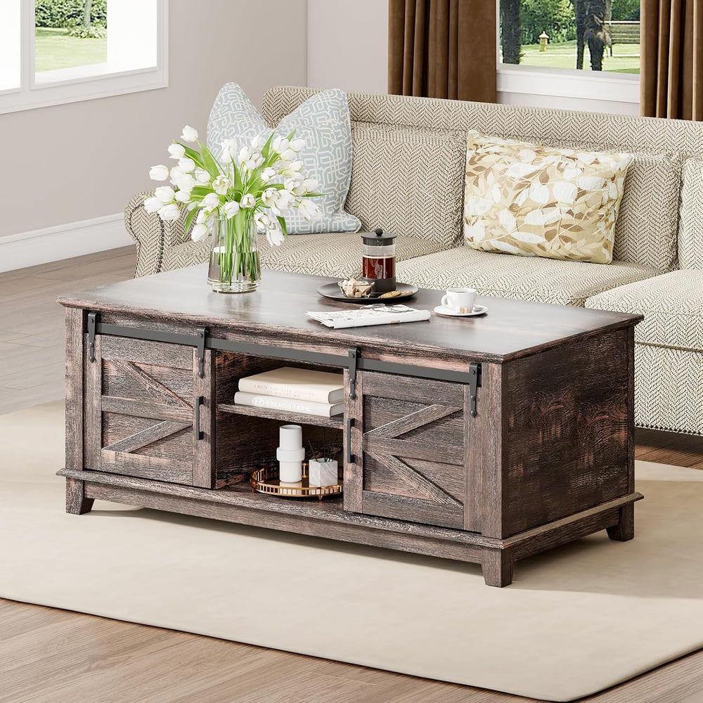 LUXOAK 48" Farmhouse Coffee Table with Sliding Barn Doors, Dark Rustic Oak