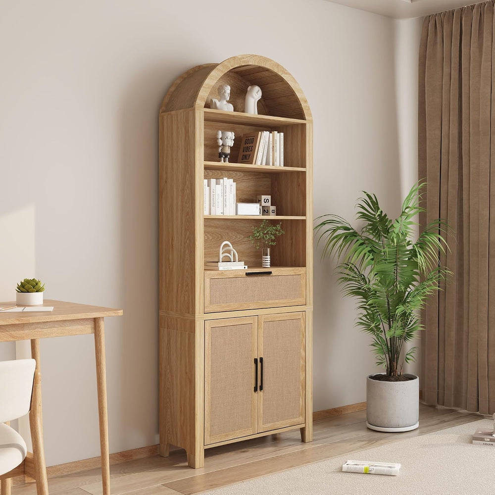 Janmer Home 79" Tall Arched Bookcase Cabinet with Doors, Natural,Rattan