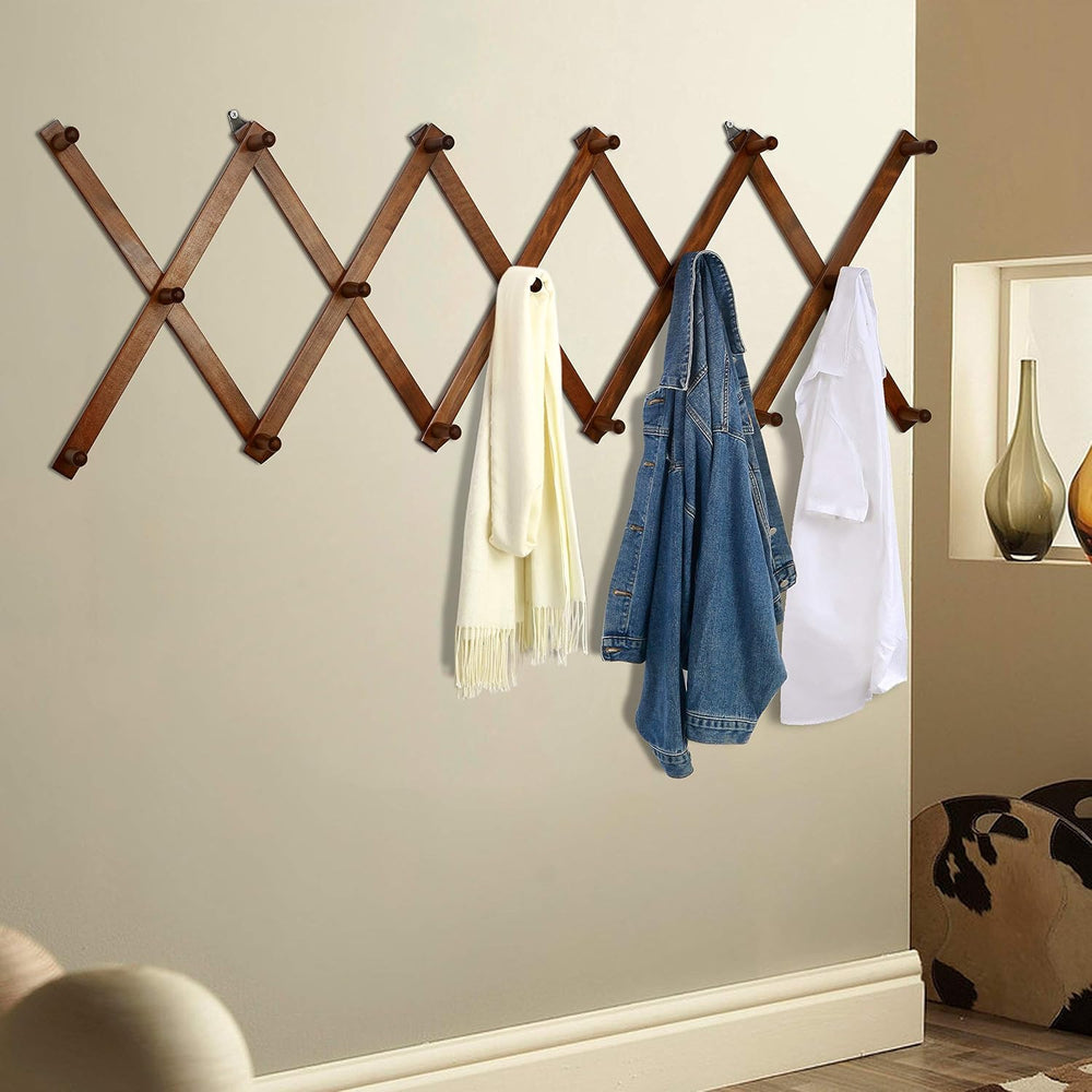 Dseap Accordian Wall Hanger: 16” High Wooden Wall Expandable Coat Rack, Hat R...
