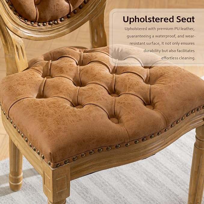 PU Leather Upholstered Dining Chairs Set of 2 French Country Round Back Kitchen Side Chairs with Nailhead Trim and Wood Legs for Dining Room, Kitchen, Restaurant(Orange)