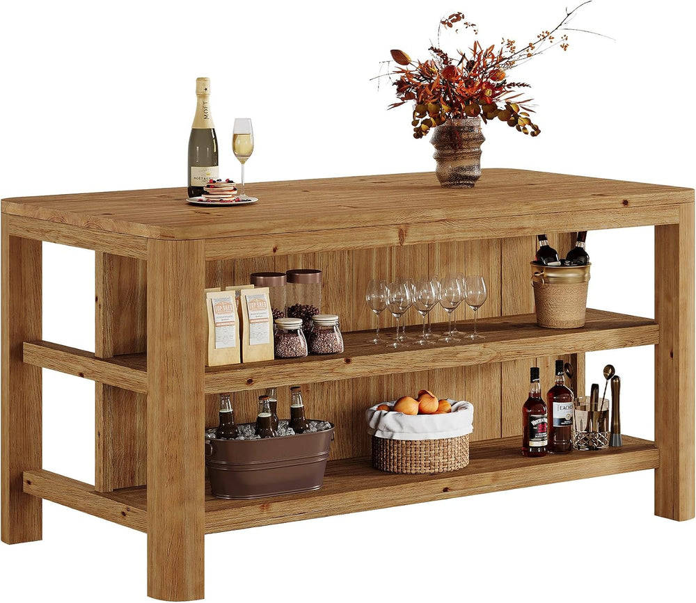 63" Solid Wood Kitchen Island, Kitchen Table with Storage Shelves