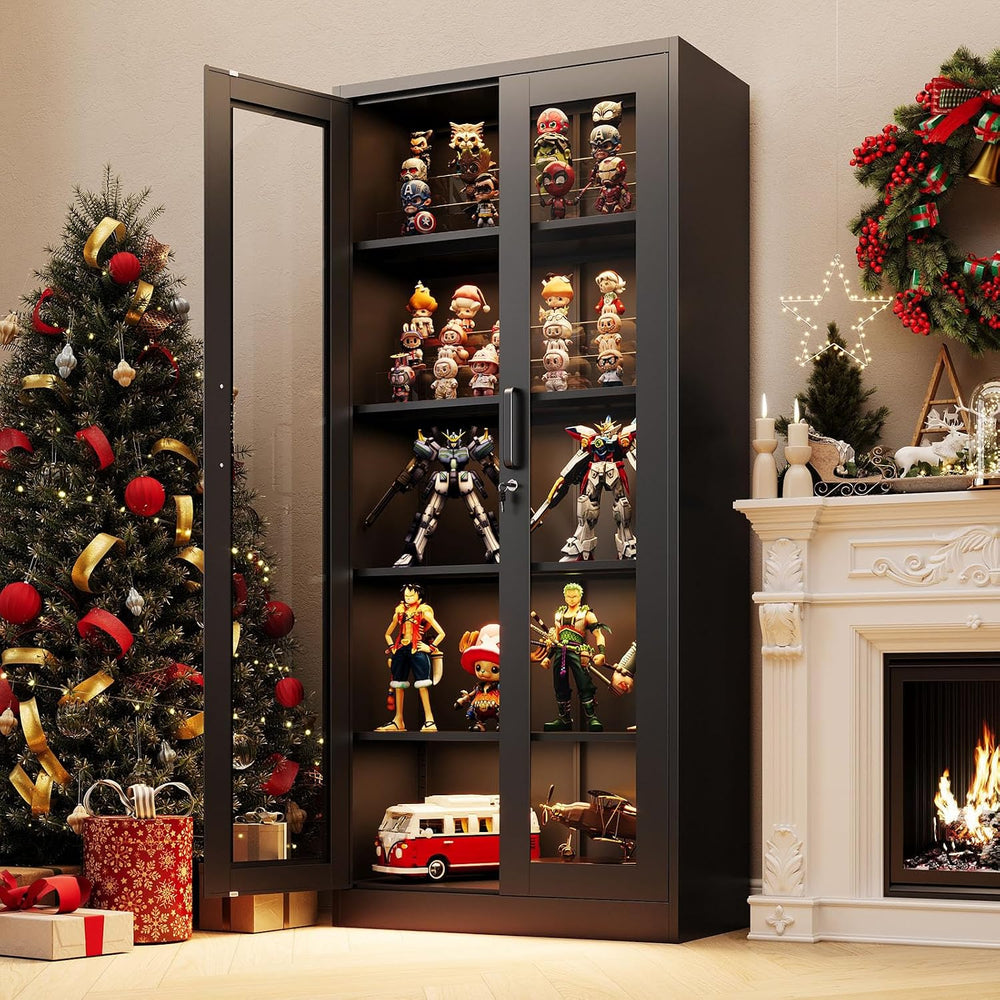 PEUKC Display Cabinet with Glass Doors, 71 Inches Metal Curio Storage Cabinet...