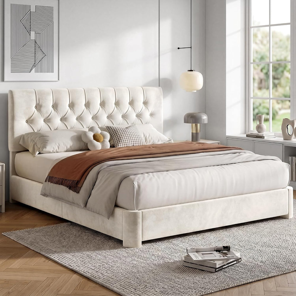 Queen Size Bed Frame with Headboard, Luxury Velvet Fabric Upholstered Bed fra...