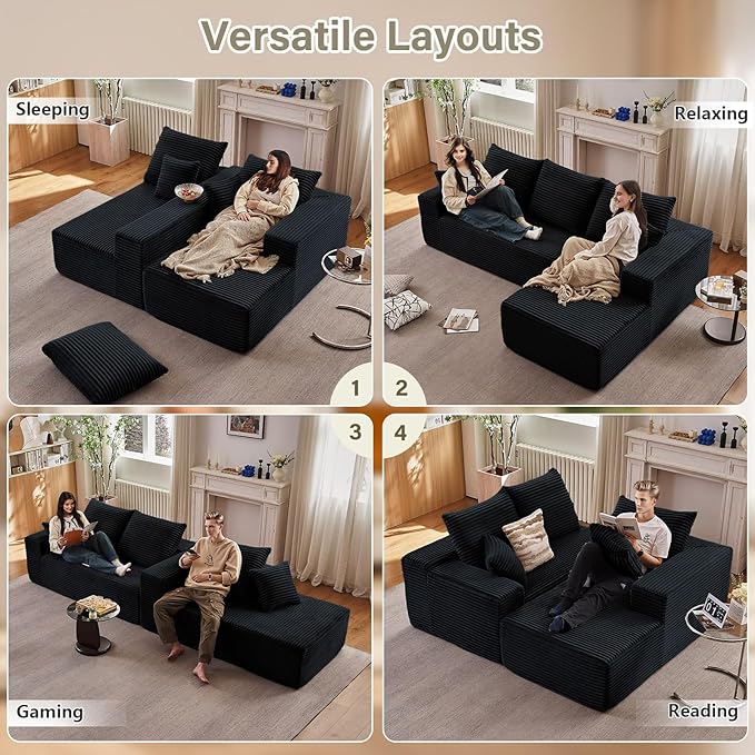 107" Modular Sectional Couches for Living Room, Comfy L Shaped Cloud Couch with Chaise Lounge, Modern Cozy Corduroy Deep Seat Floor Sofa, Memory Foam, No Assembly Required, Black