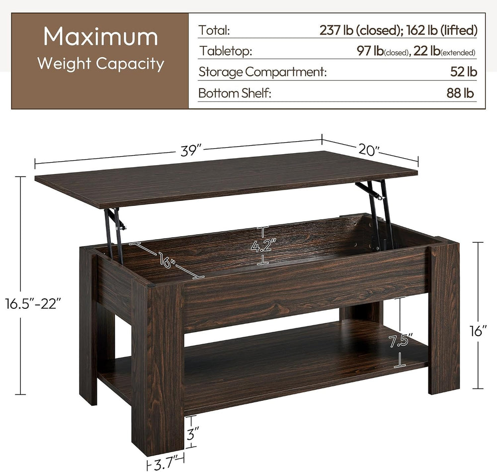 Yaheetech Lift Top Coffee Table with Hidden Storage & Shelf, Espresso,38....