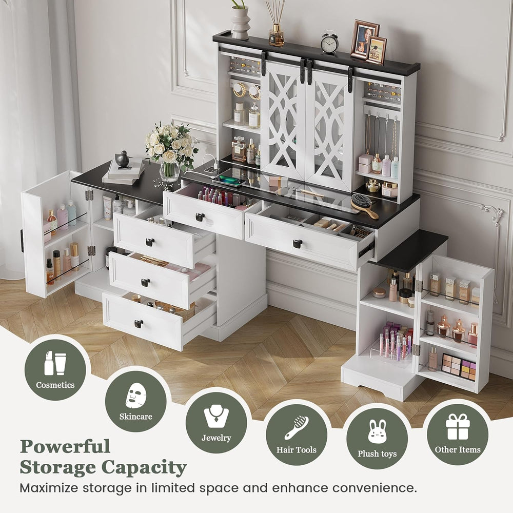 TAGELIER Farmhouse Large Makeup Vanity with Mirror & Lights