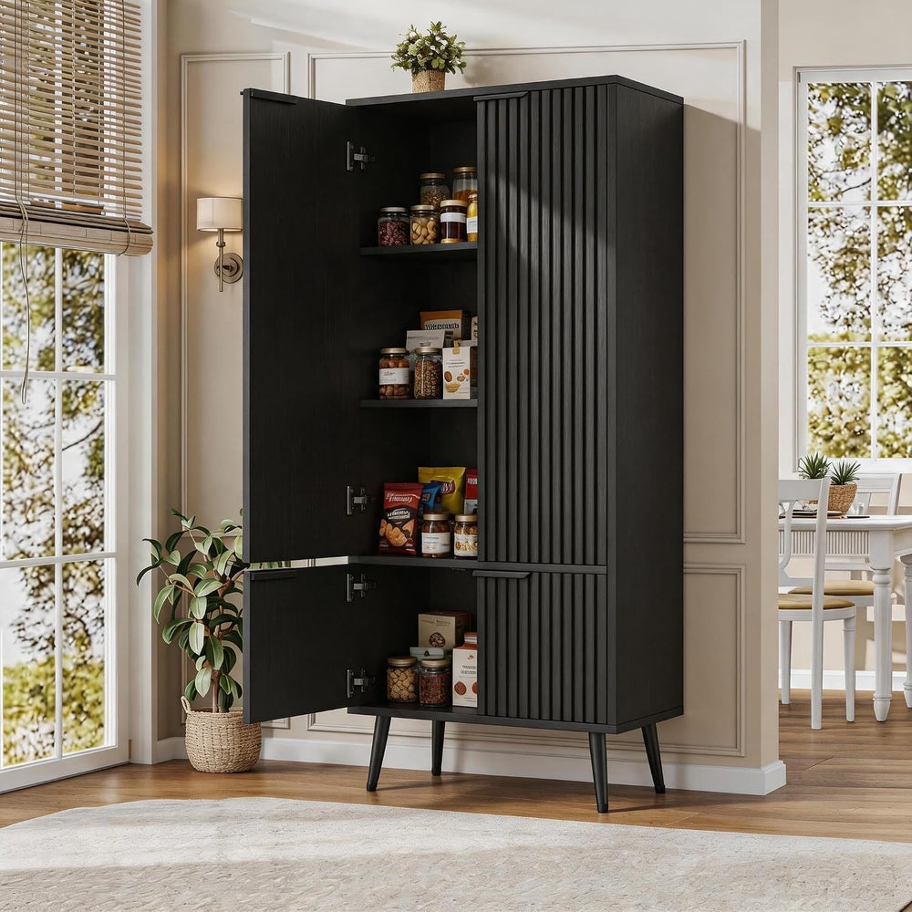 Ebony Fluted 51" Tall Wooden Kitchen Pantry Storage Cabinet Food Organiz...